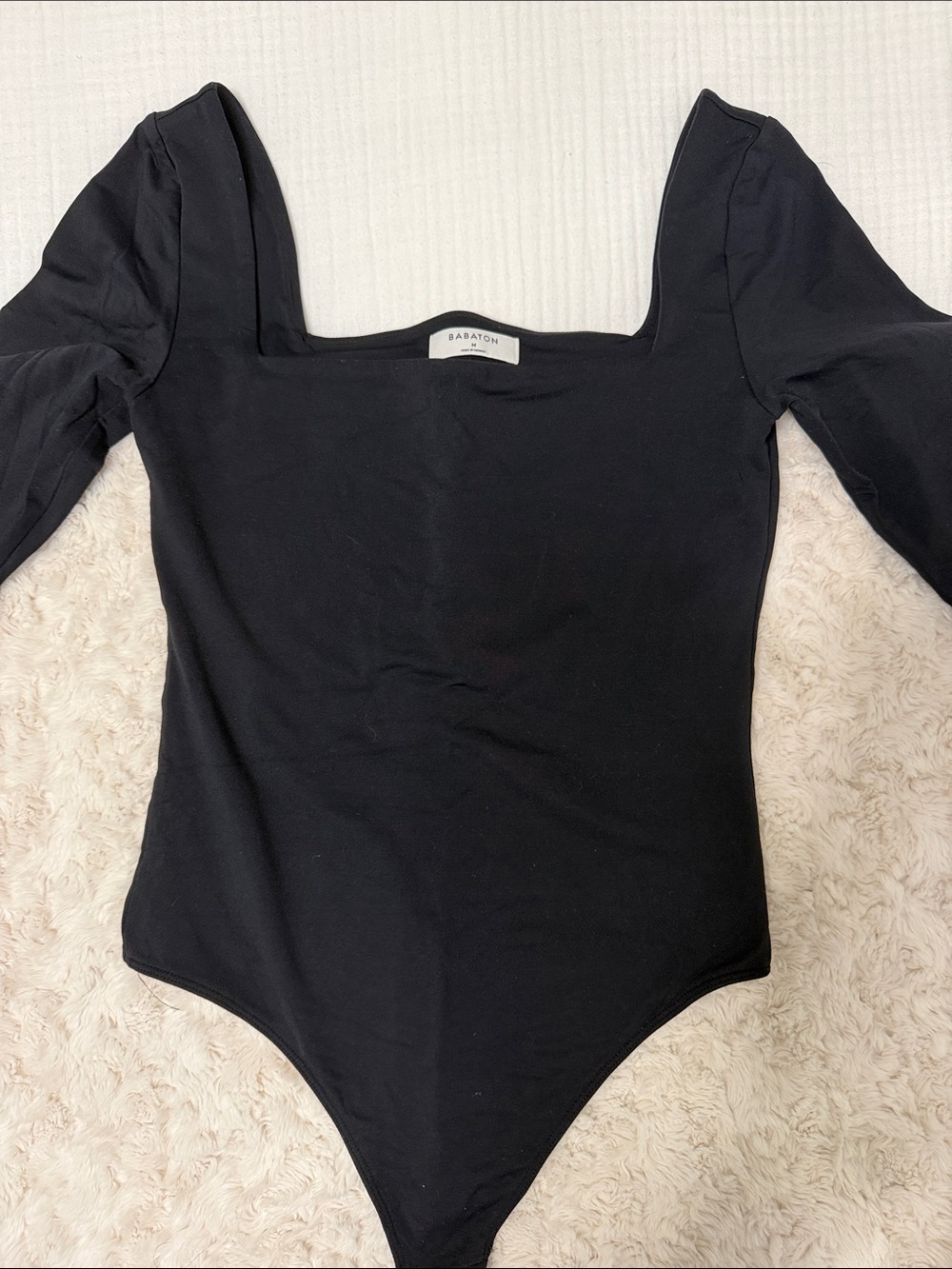 Babaton Black Square-Neck Long-Sleeve Bodysuit with Puff Shoulders